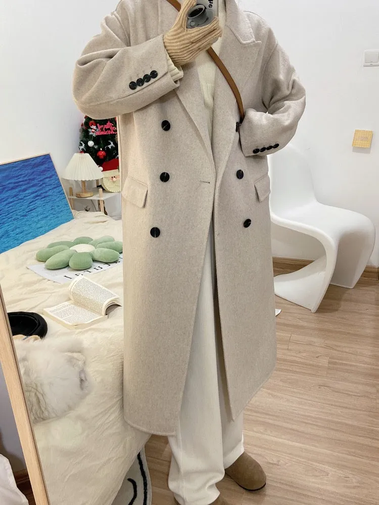 100% Double-Faced Virgin Wool Peak Lapel Long Coat