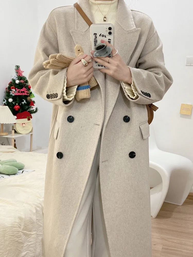 100% Double-Faced Virgin Wool Peak Lapel Long Coat