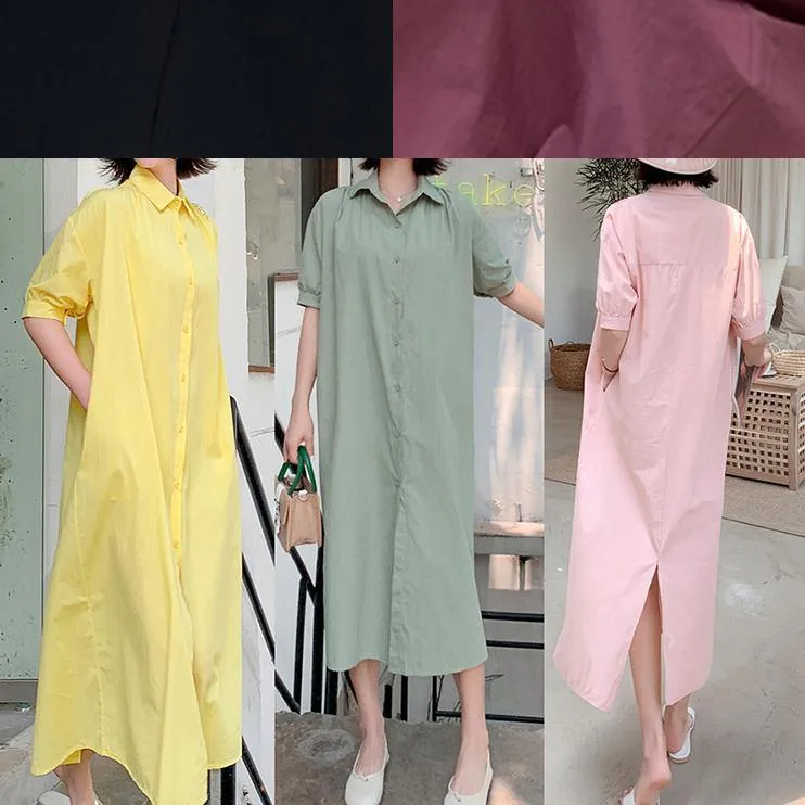 100% yellow lapel collar cotton quilting dresses lapel collar loose Dress