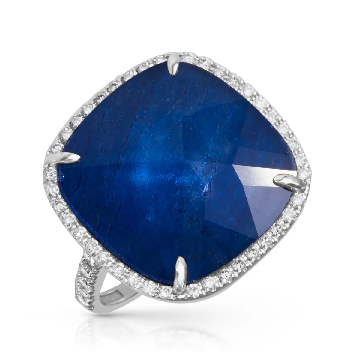 14KT White Gold Diamond Blue Sapphire Triplet Cushion Cut Cocktail Ring