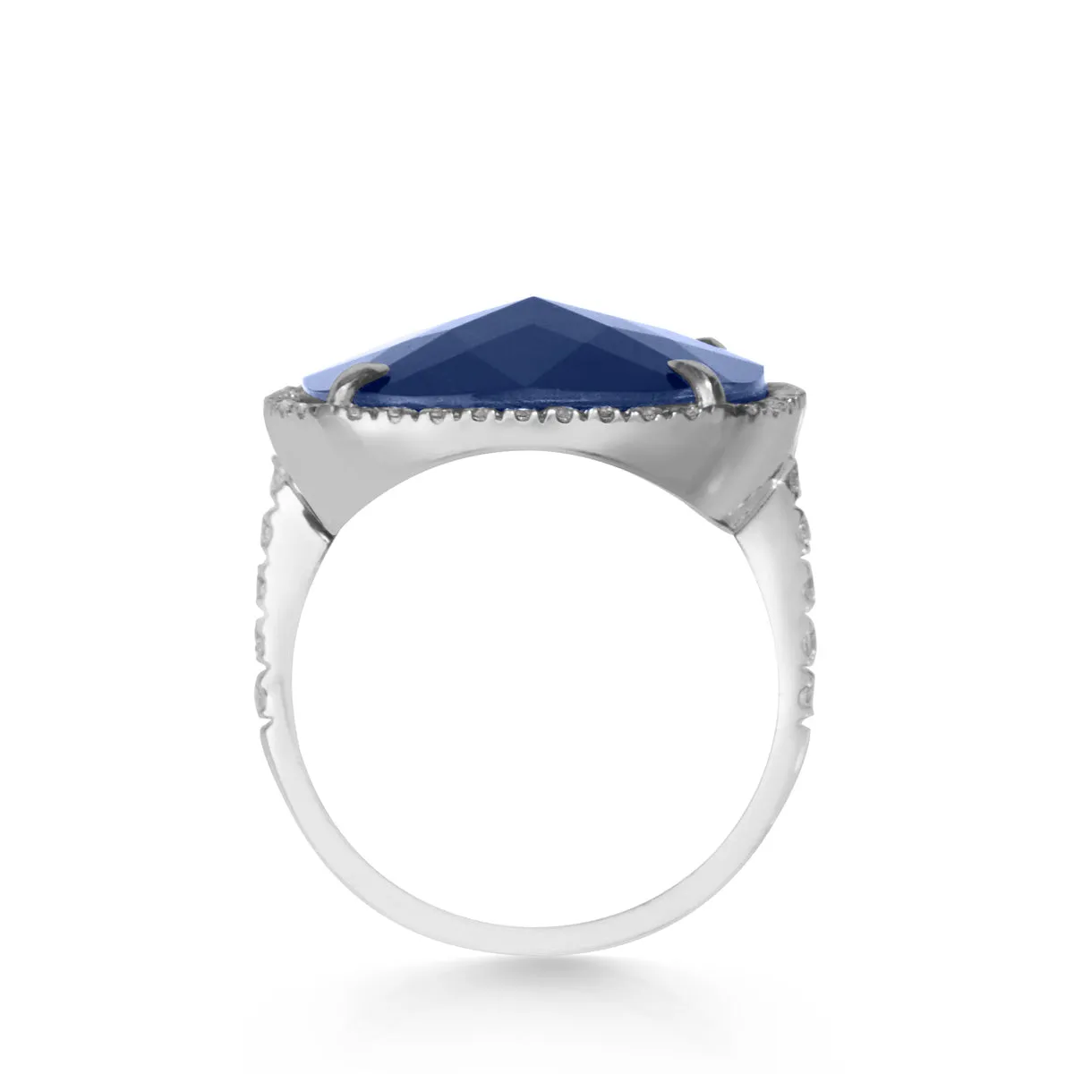 14KT White Gold Diamond Blue Sapphire Triplet Cushion Cut Cocktail Ring