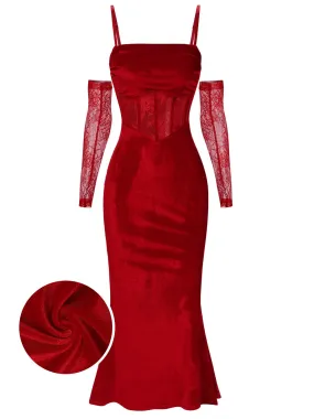 1930s Solid Lace Patchwork Velvet Fishtail Dress