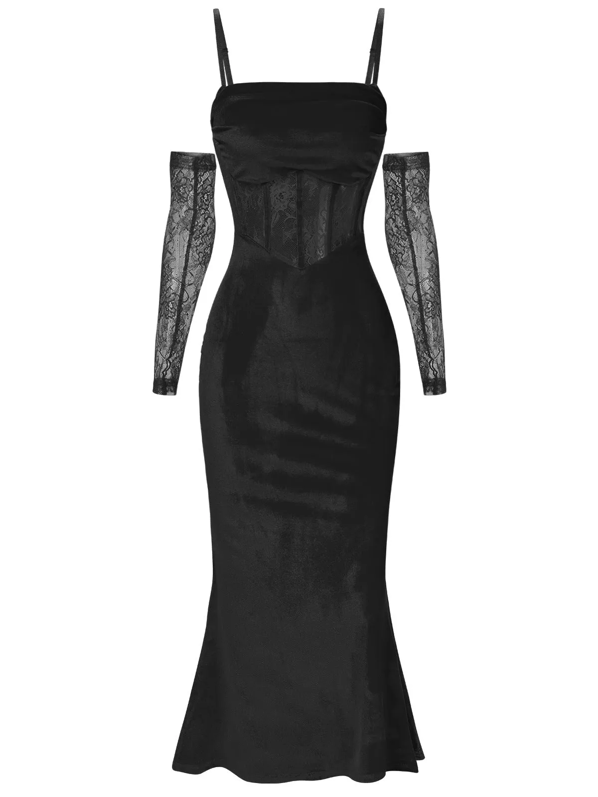 1930s Solid Lace Patchwork Velvet Fishtail Dress