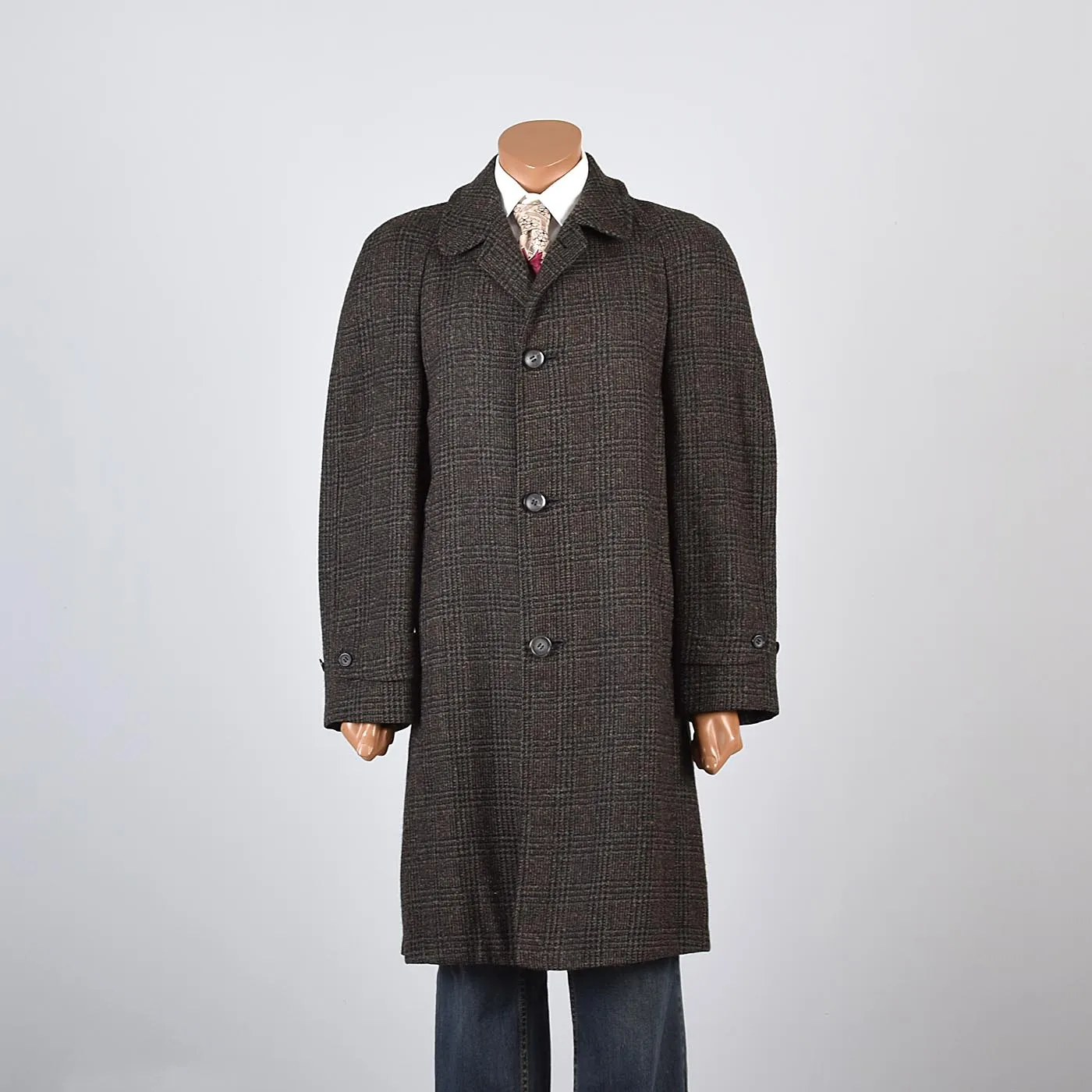 1950s Mens Brown Wool Coat with Windowpane Plaid