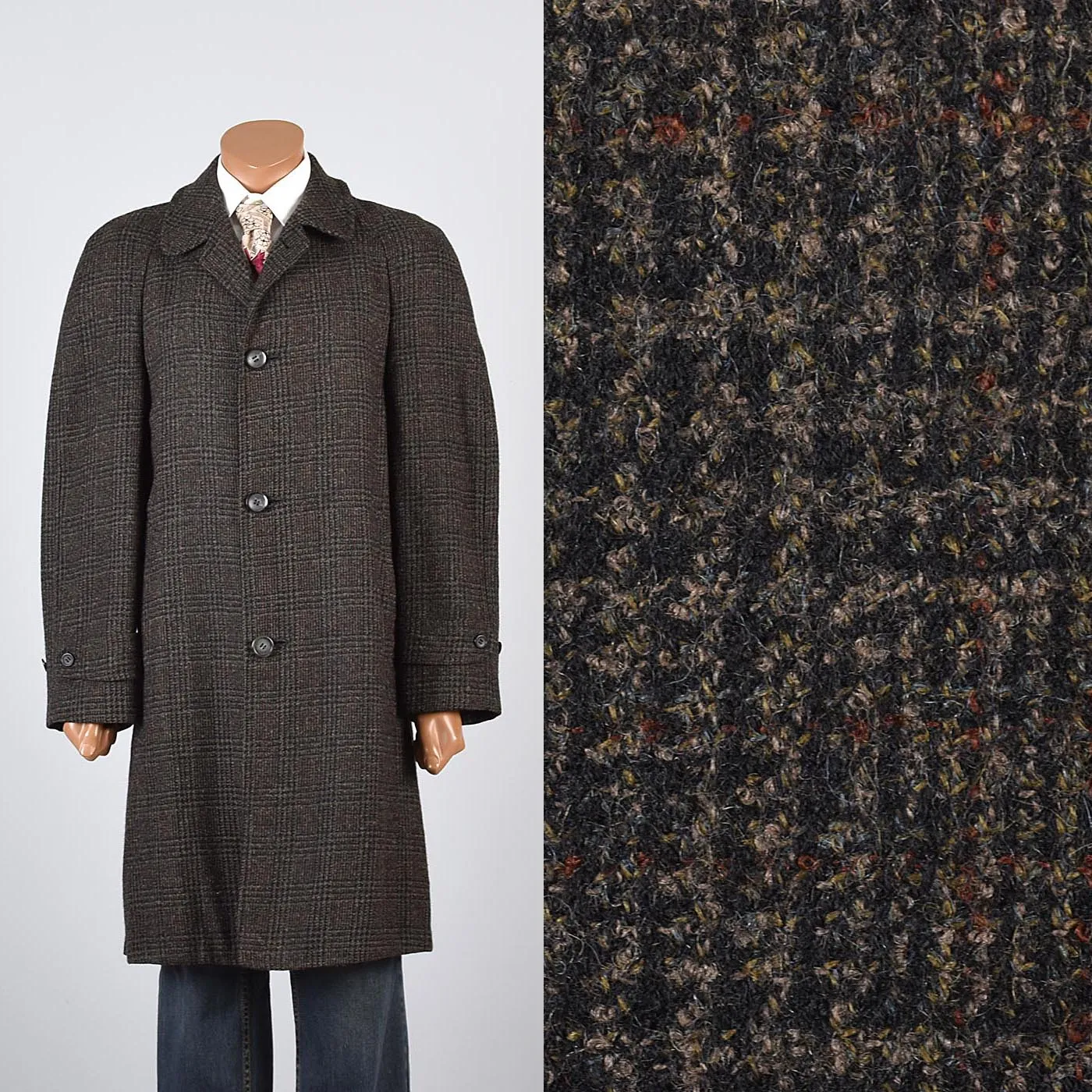 1950s Mens Brown Wool Coat with Windowpane Plaid