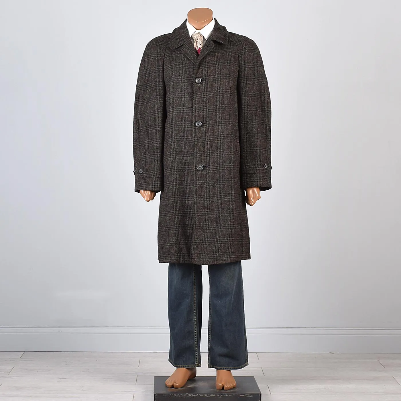 1950s Mens Brown Wool Coat with Windowpane Plaid