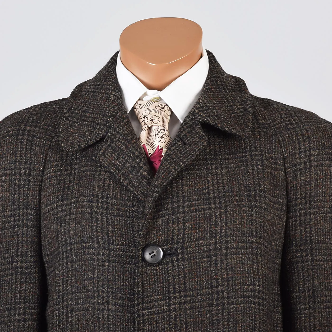 1950s Mens Brown Wool Coat with Windowpane Plaid