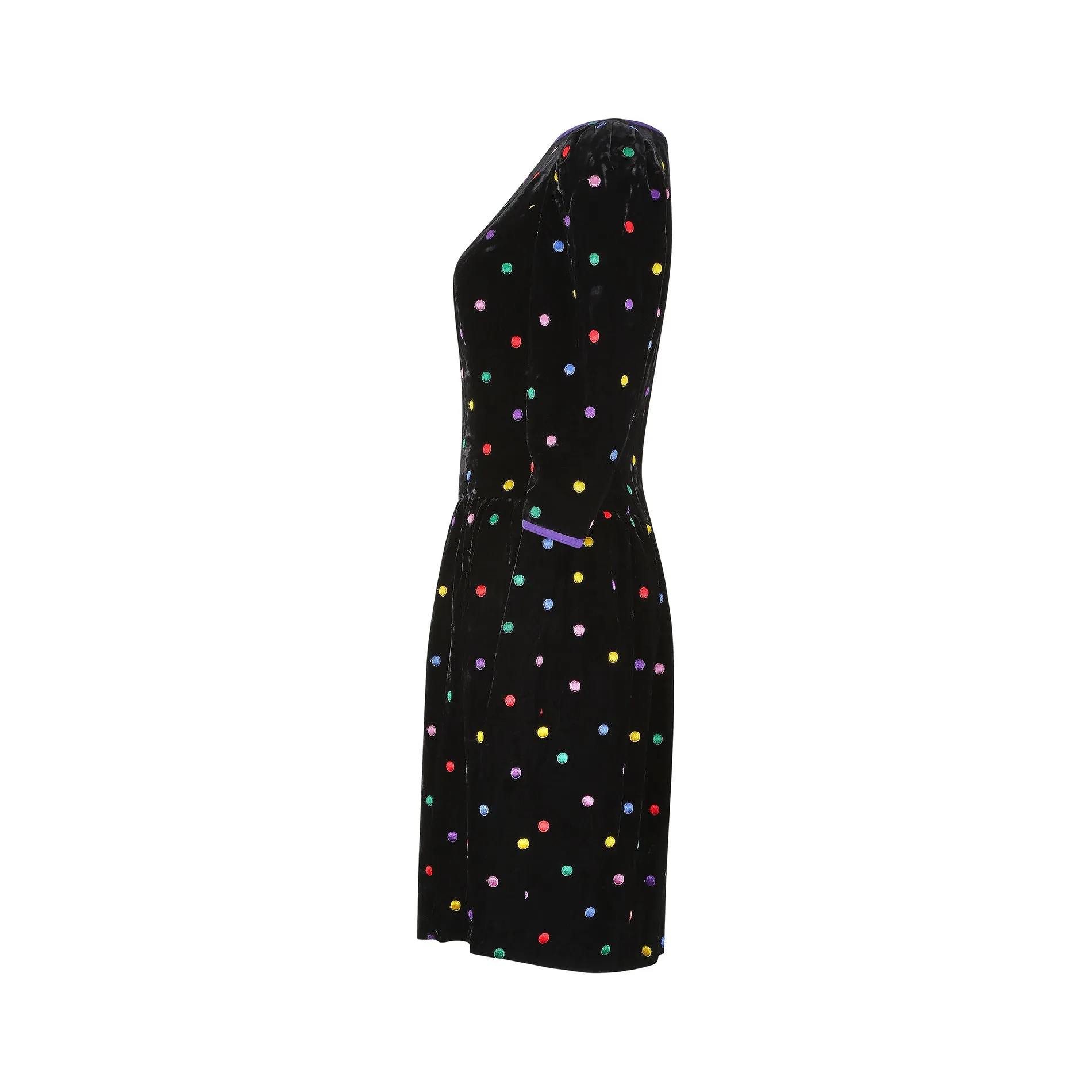 1980s Caroline Charles Silk Velvet Polka Dot Dress