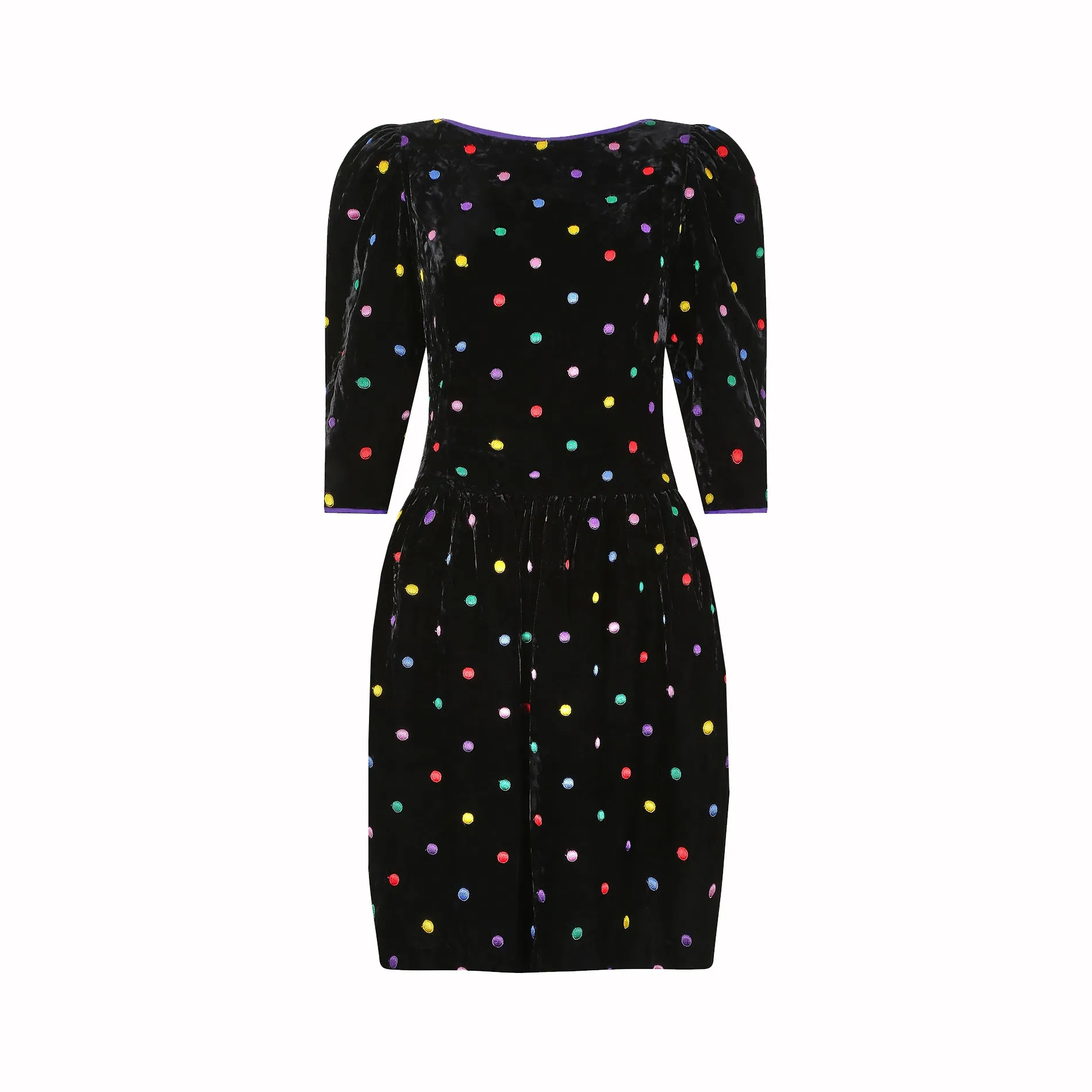 1980s Caroline Charles Silk Velvet Polka Dot Dress