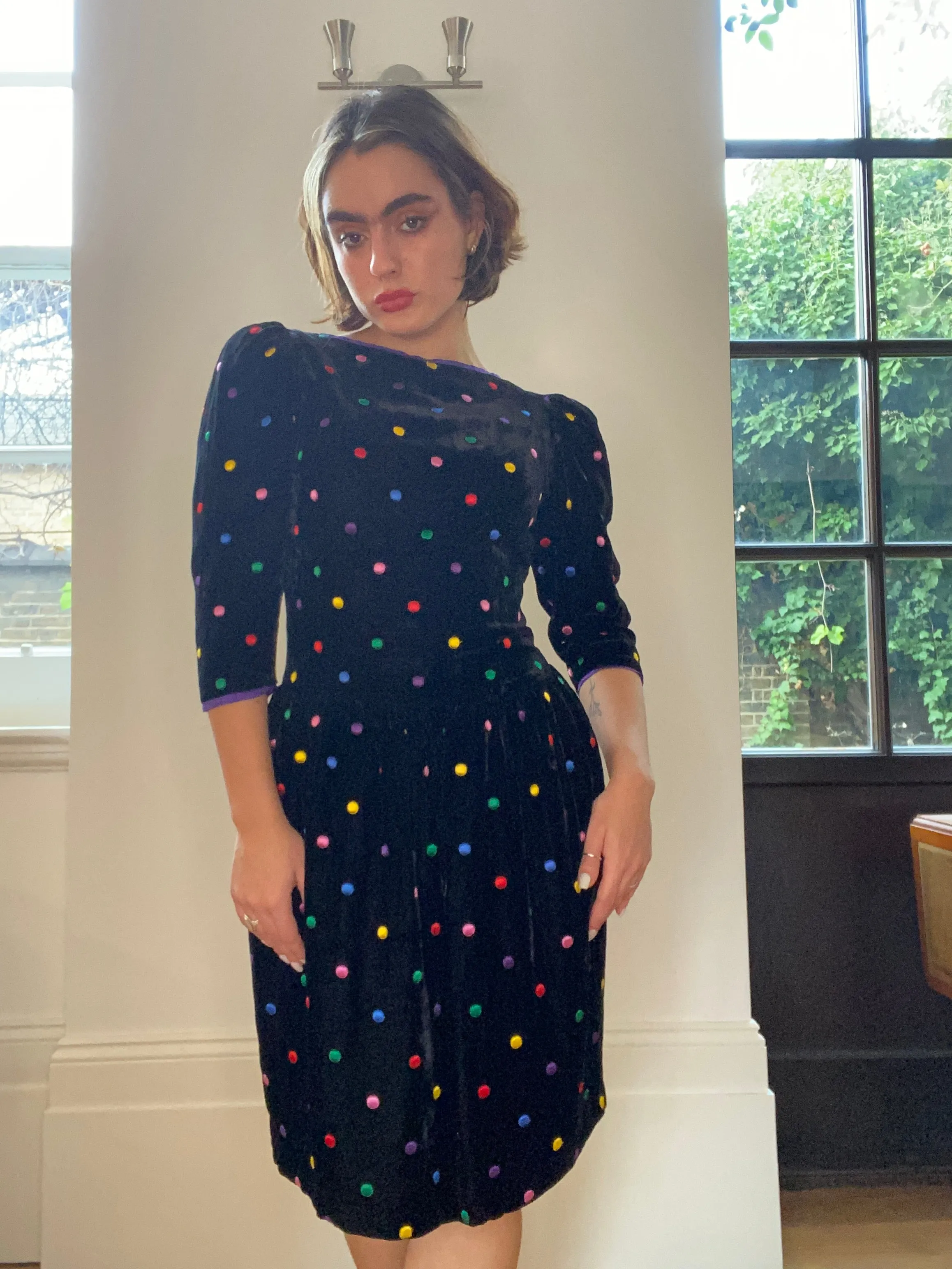 1980s Caroline Charles Silk Velvet Polka Dot Dress