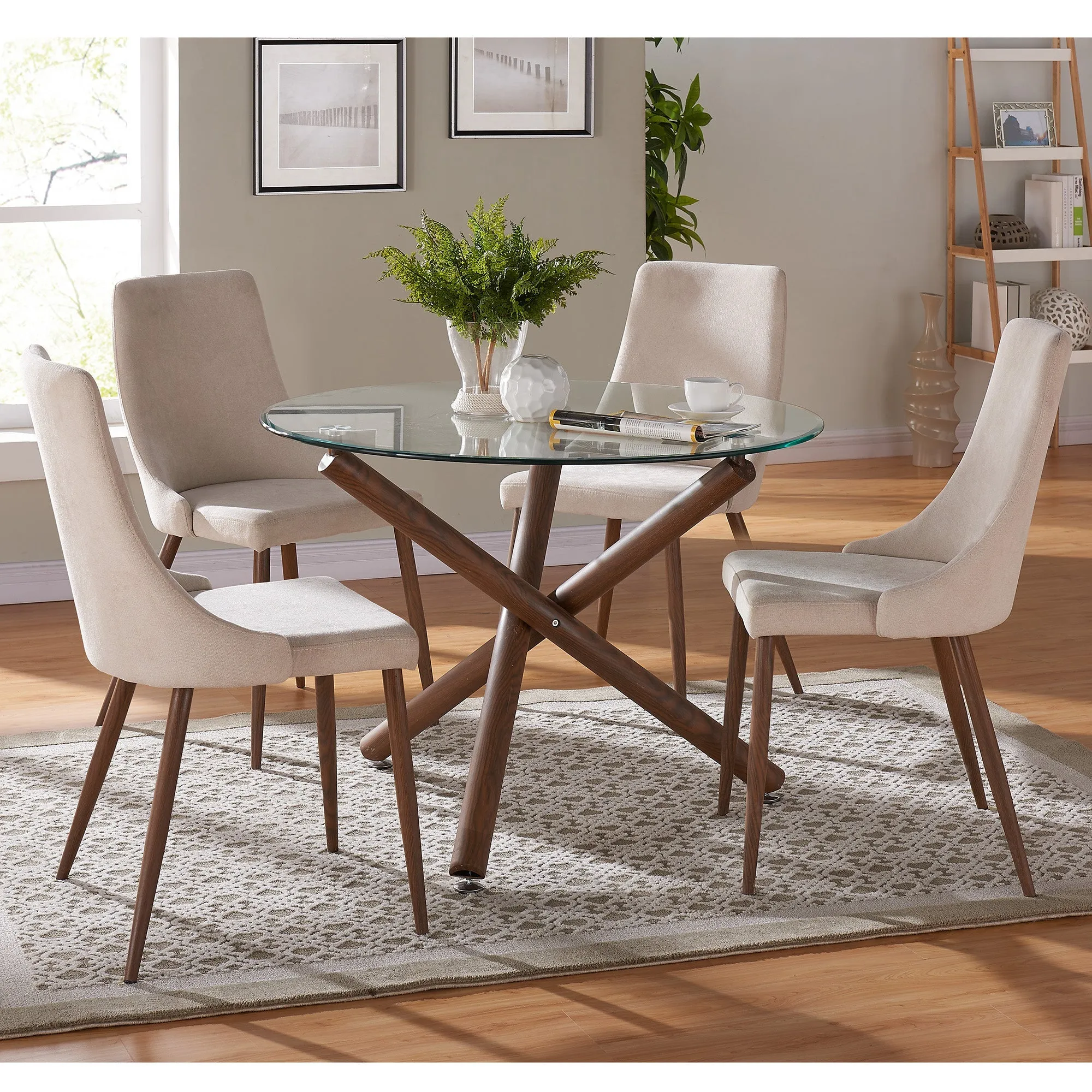 5 Piece Glass Round Dining Set Rocca Beige