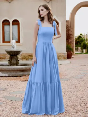 A-Line Bow Ruffle Sleeveless Chiffon Dress Blue Plus Size