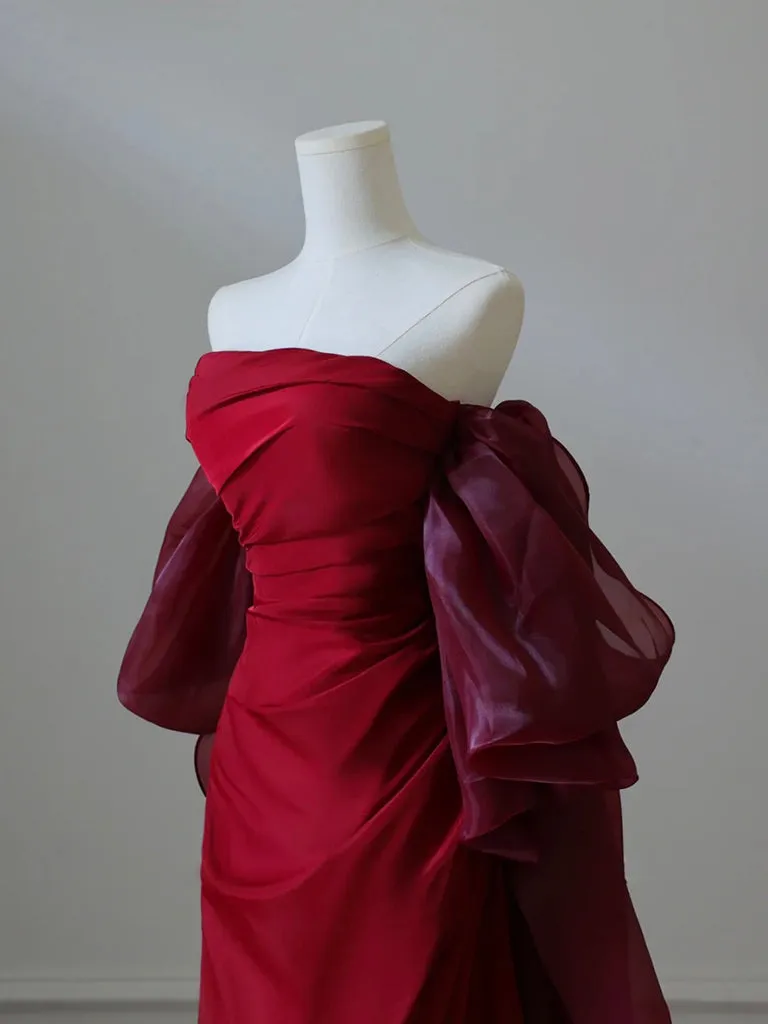 A-Line Satin Burgundy Long Prom Dress, Burgundy Long Evening Dress