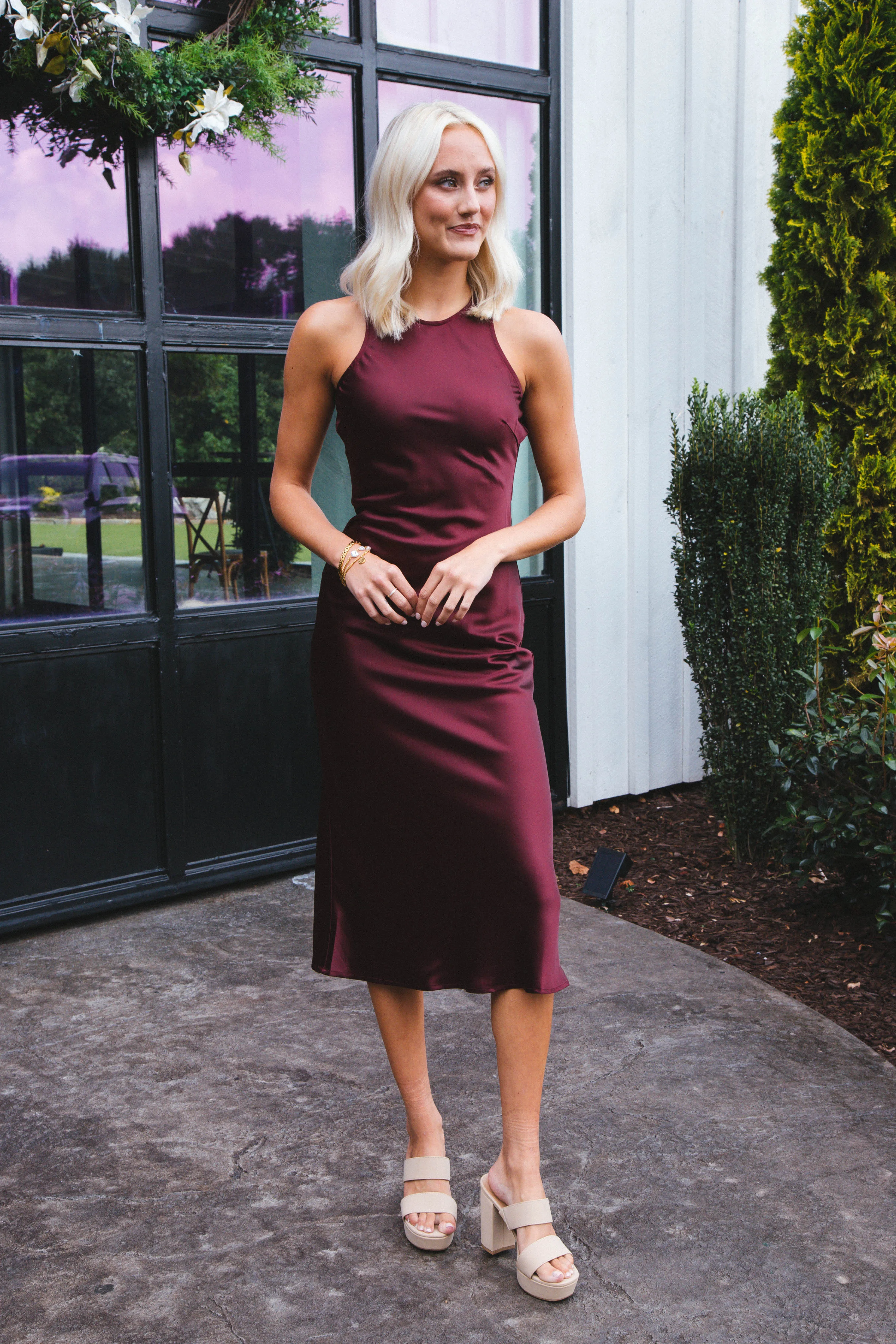 Afterglow Satin Long Dress, Wine