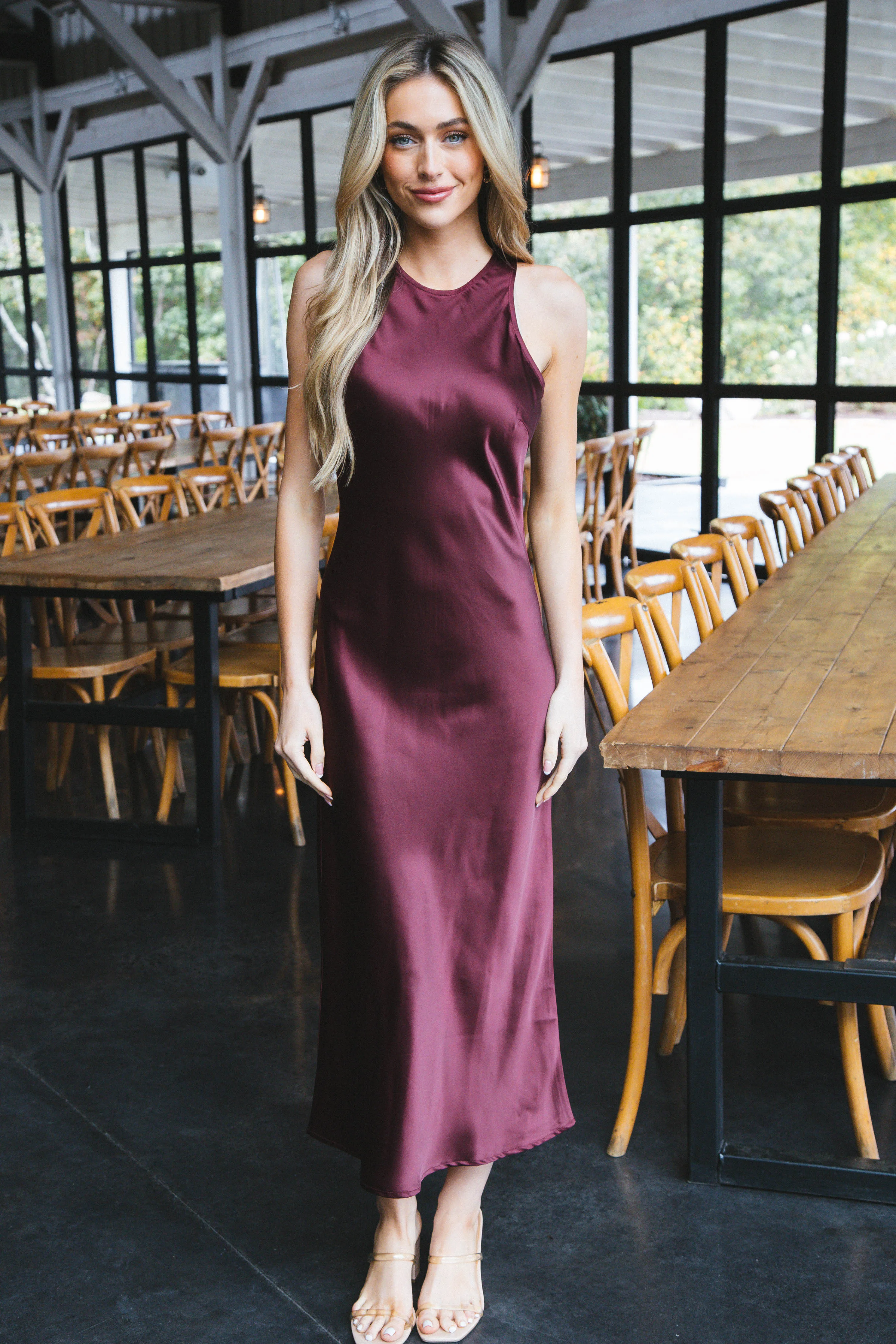 Afterglow Satin Long Dress, Wine