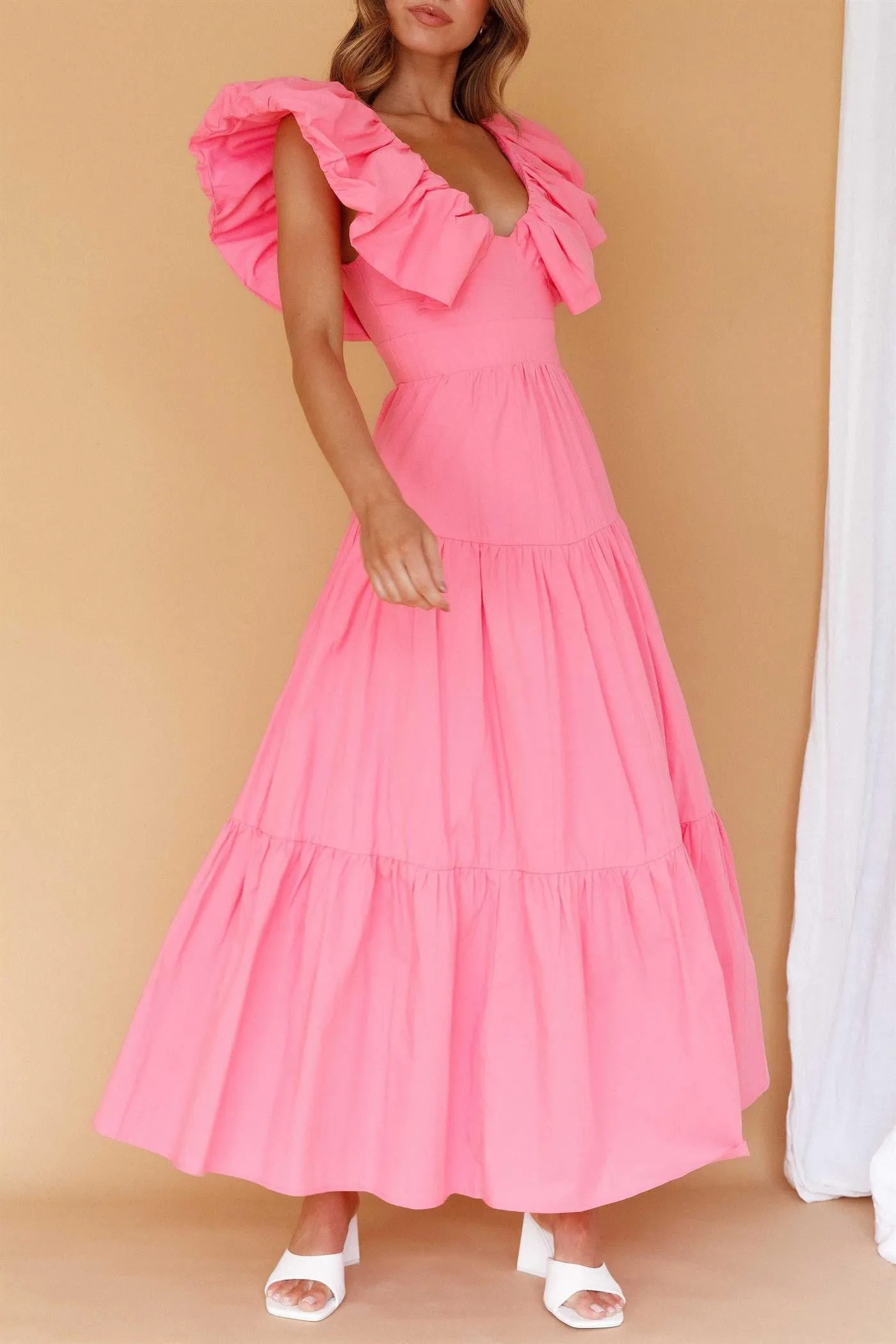 Alaia Lined Puff Sleeve Maxi Dress in Soft Pink