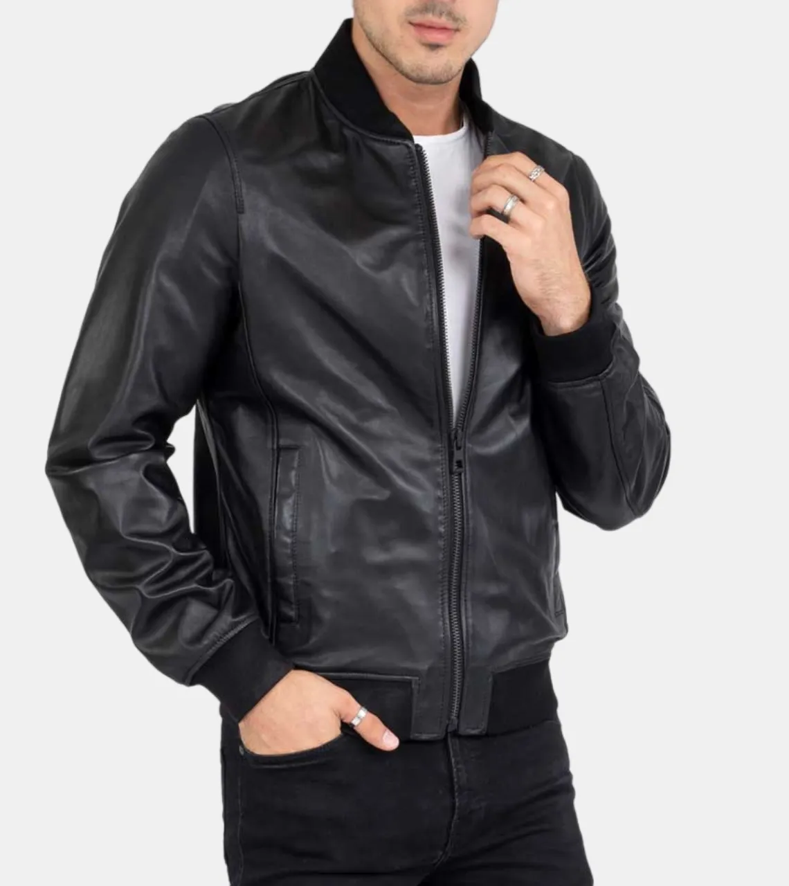 Amoret Men's Black Bomber Leather Jacket