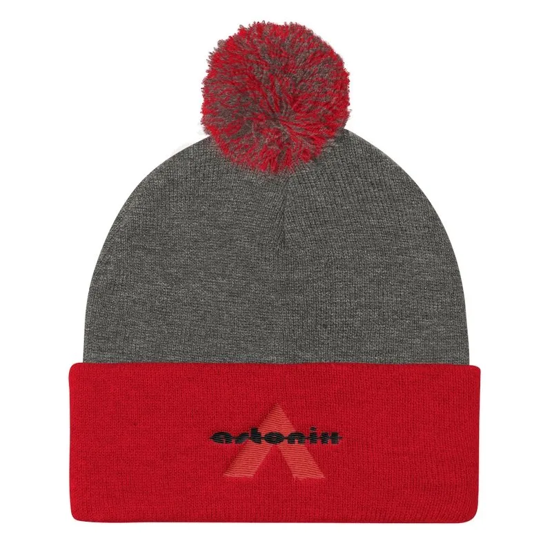 Astonix Sportsman SP15 Pom Pom Knit Beanie (Dark Heather Grey/ Red