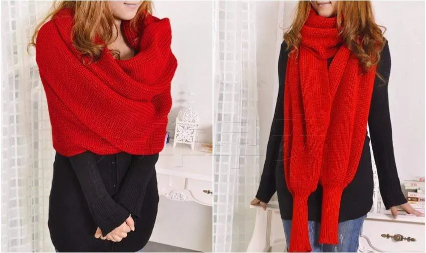 Autumn & Winter Fashion Crochet Knitted Scarf Shawl with Sleeves