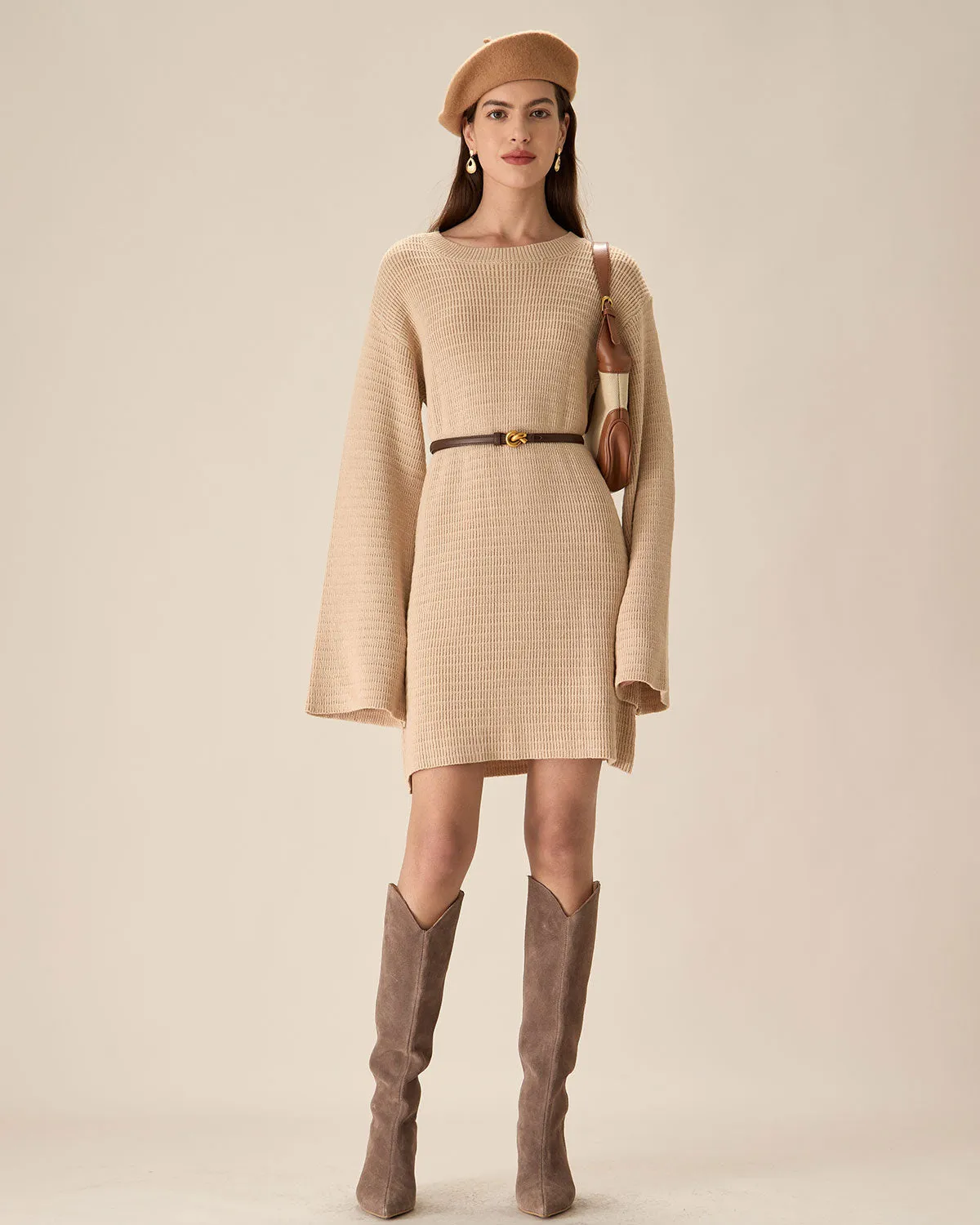 Beige Drop Shoulder Sweater Mini Dress