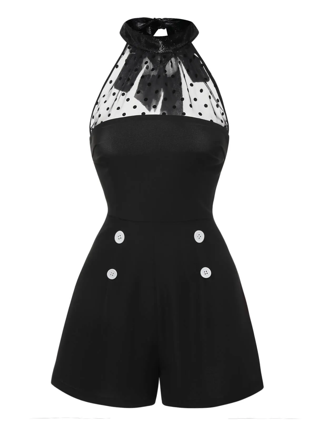 Black 1950s Polka Dots Sheer Neck Romper