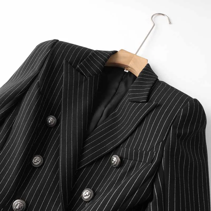 Black Checked Blazer Double Breasted Jacket Formal Business Coat For Women