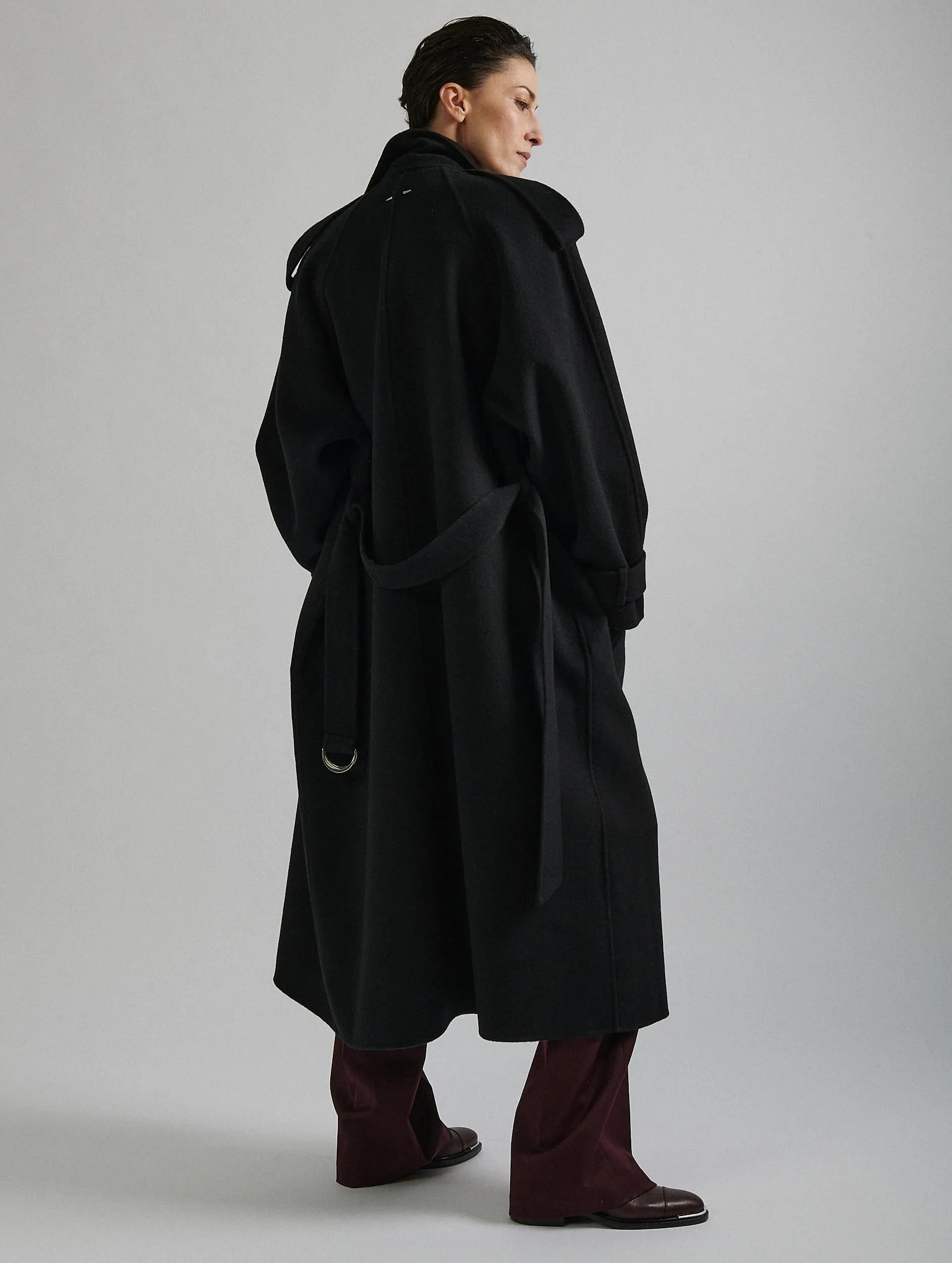 Black double-faced wool belted coat