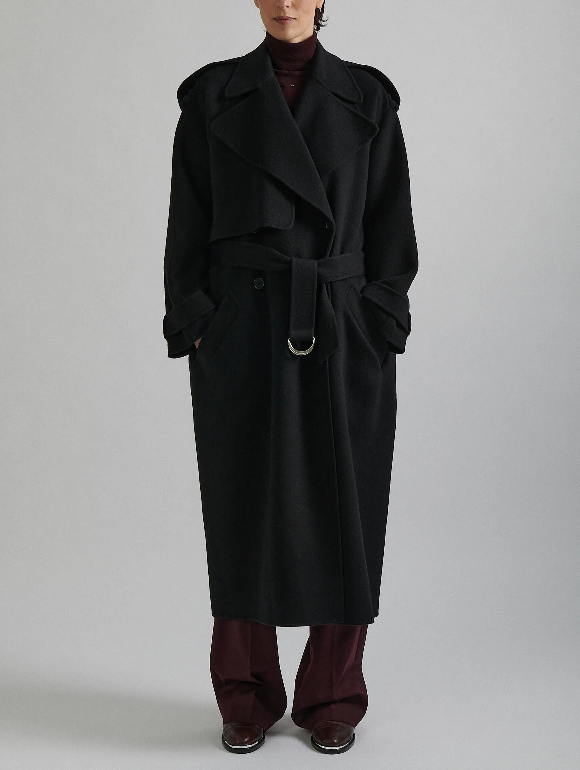 Black double-faced wool belted coat