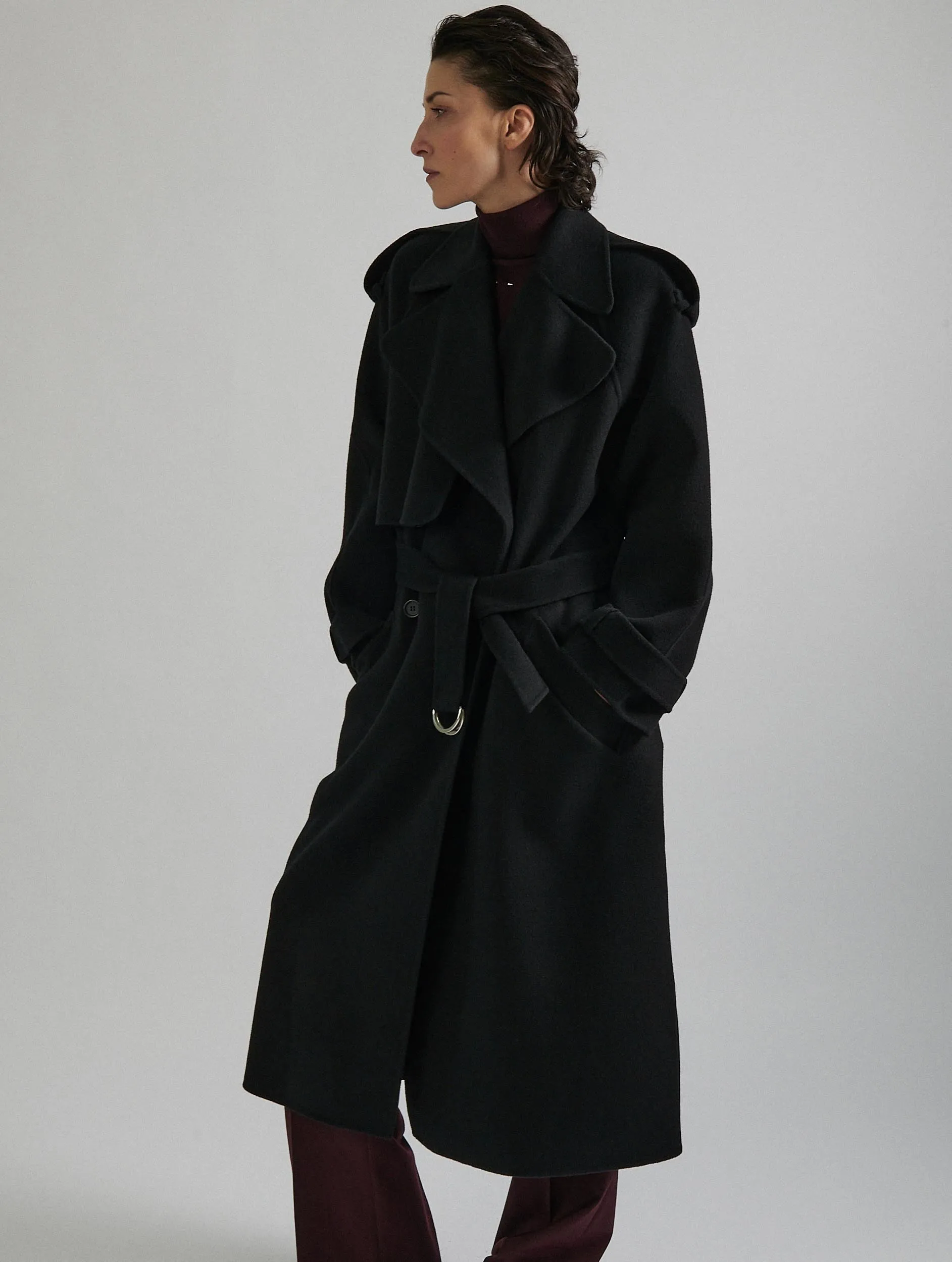 Black double-faced wool belted coat