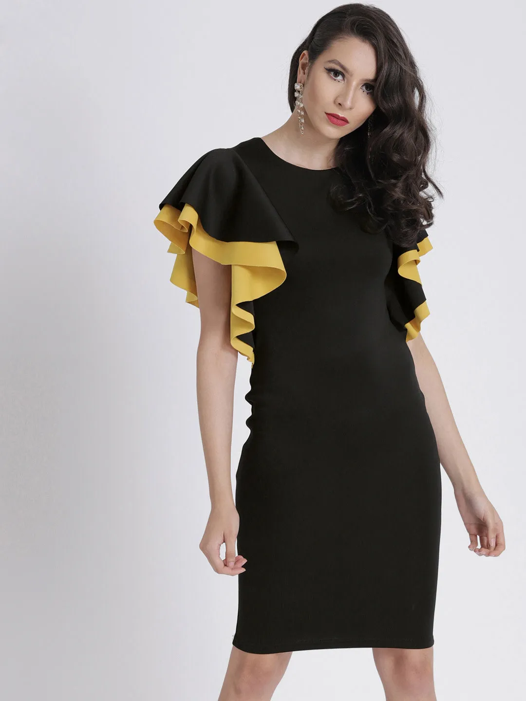 Black Flared Sleeve Bodycon Scuba Dress