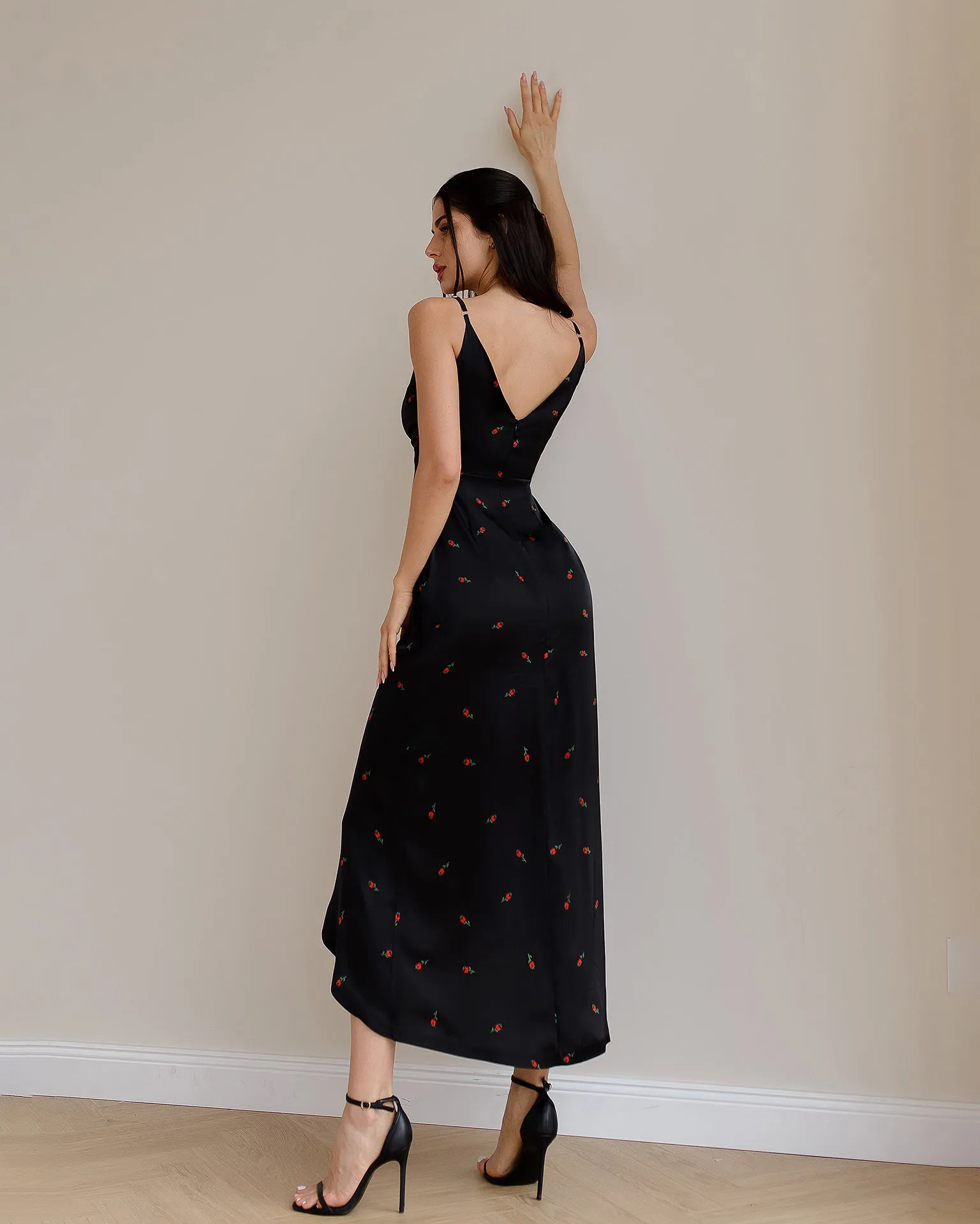 Black Floral-Print Silk Slip Midi Dress