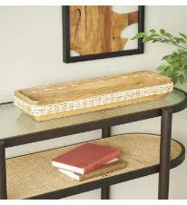 BLACK MANGO WOOD HANDMADE NESTING TRAY WITH HAND SEWN SEAGRASS ACCENTS, 24" X 7" X 4"