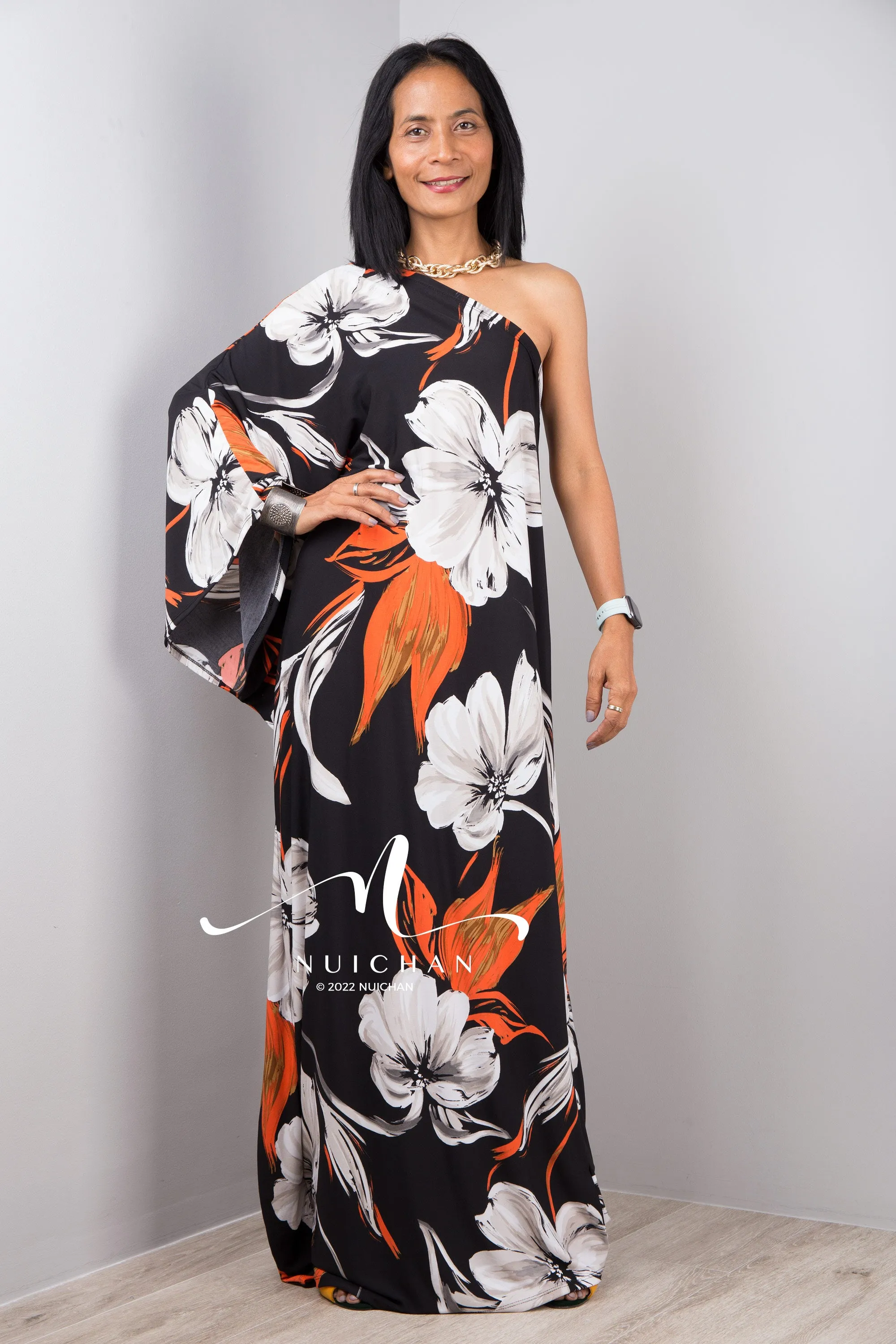 Black One shoulder dress with flower print