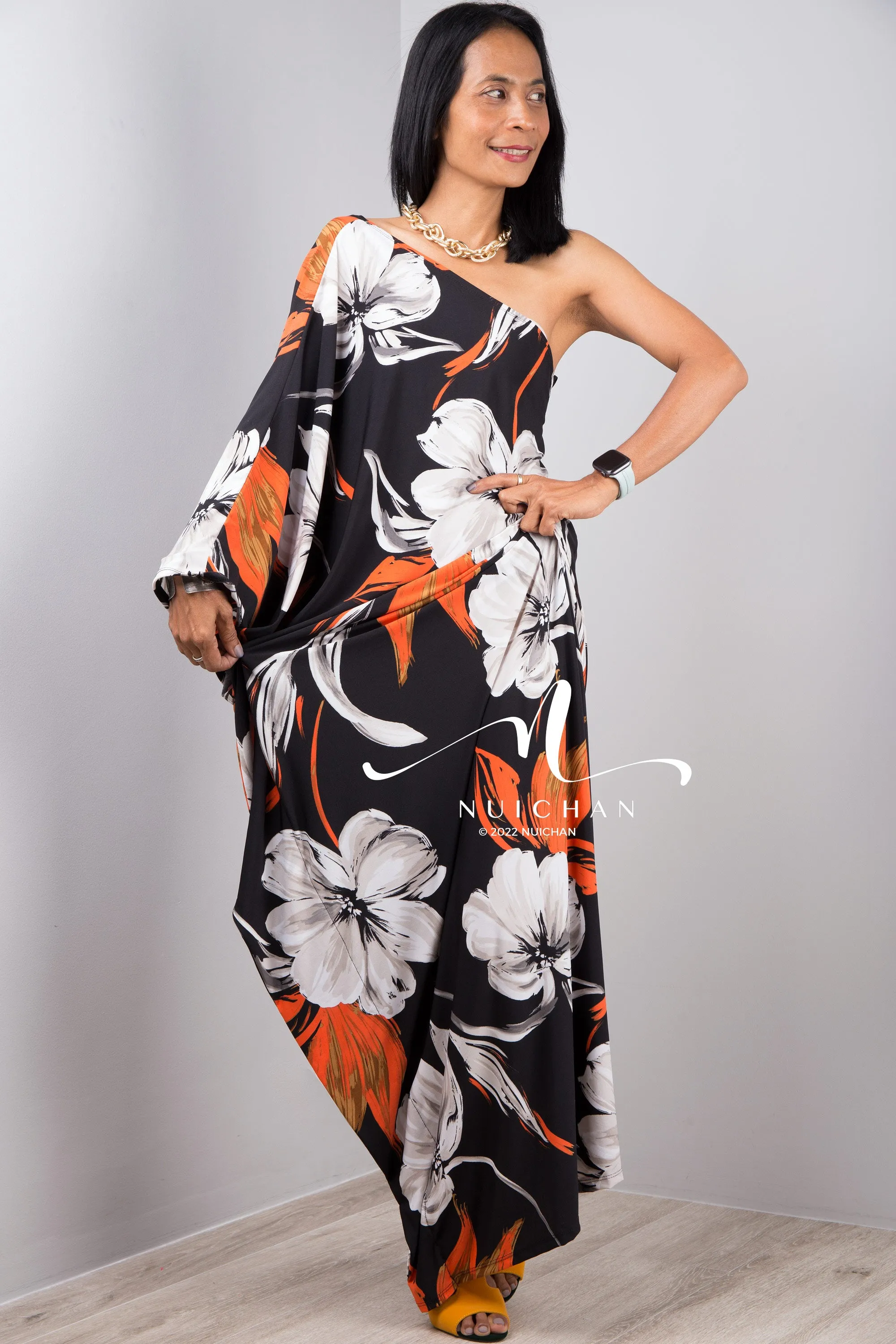 Black One shoulder dress with flower print