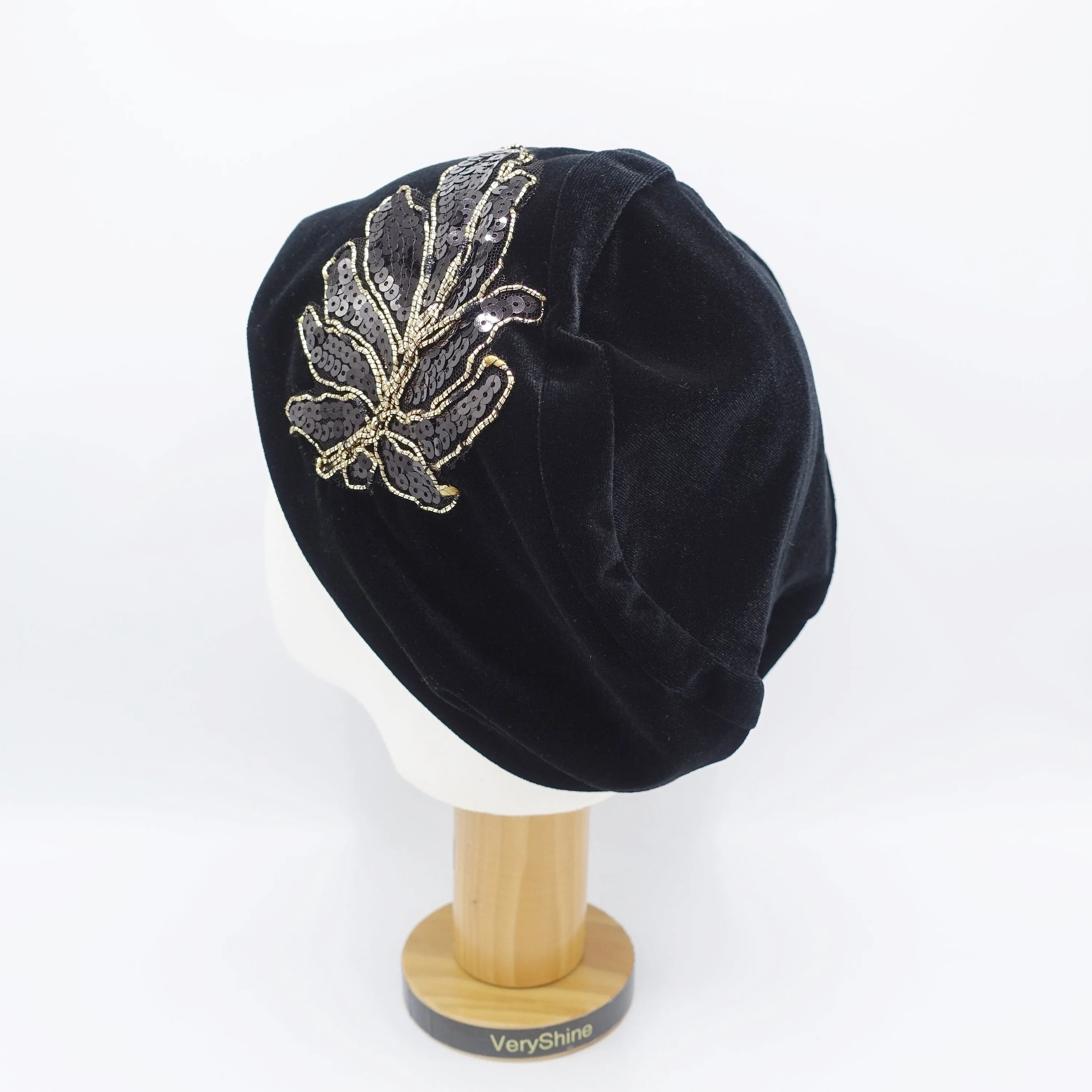 black velvet beanie, sequin leaf embellished hat, stretchable fashion hat for women