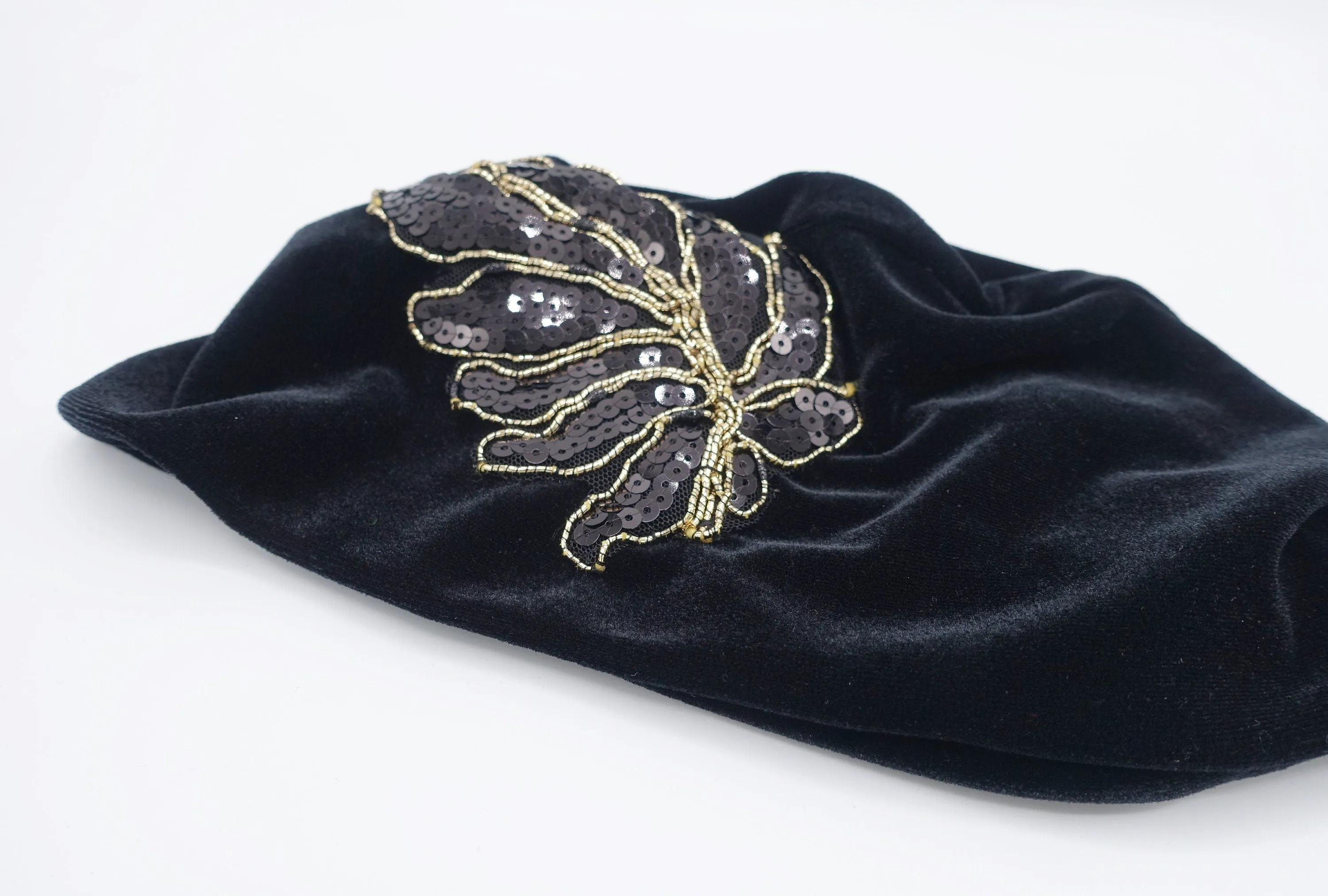 black velvet beanie, sequin leaf embellished hat, stretchable fashion hat for women