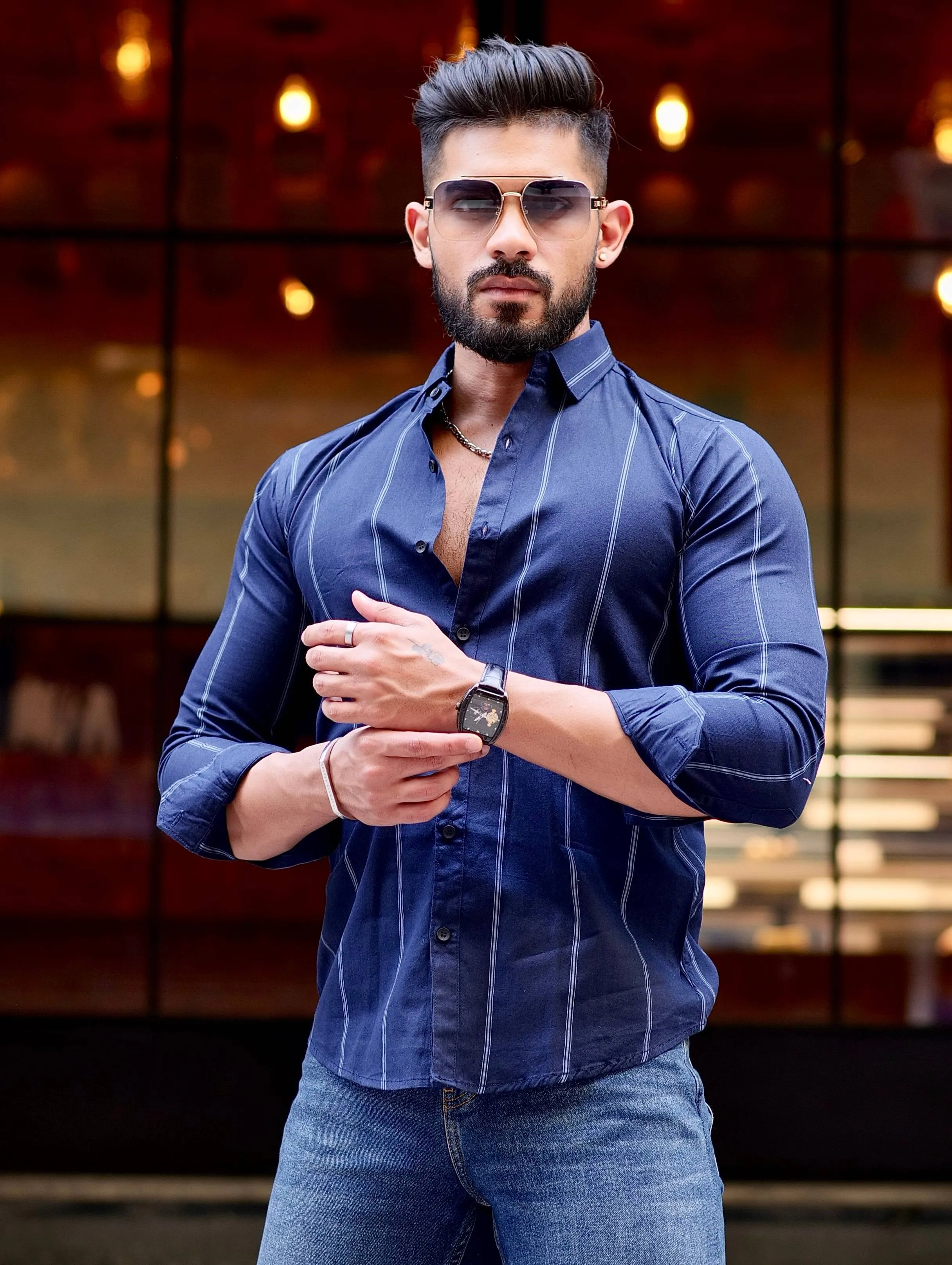 Blue Stripe Printed Cotton Shirt For Men's