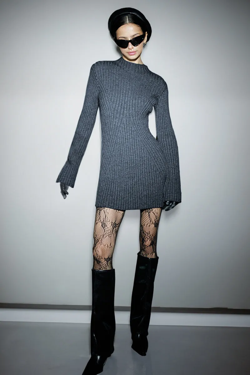 Charcoal Versatile Knit Crew Neck Cuff Slit Rib Long Sleeve Slim Sweater Dress