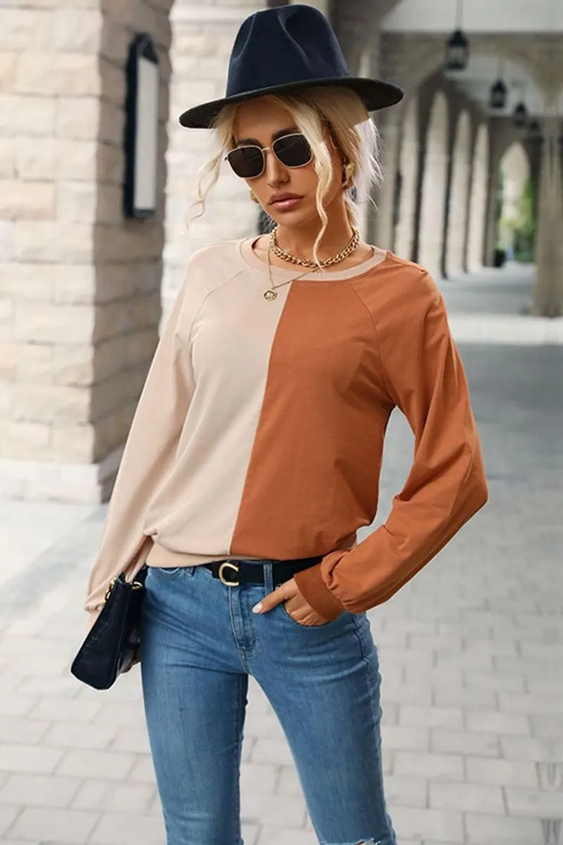 COLOR BLOCK ROUND NECK CASUAL TOP