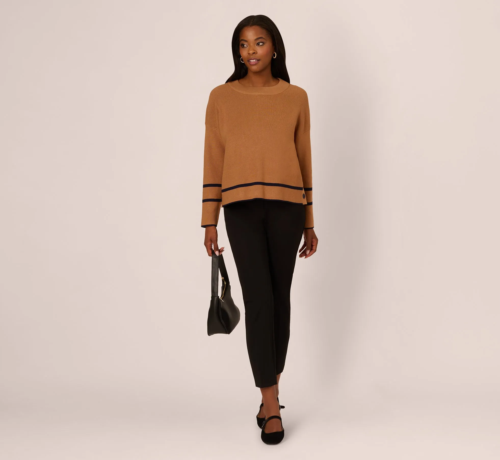 Crew Neck Pullover Sweater With Tipped Details In Camel Bluemoon