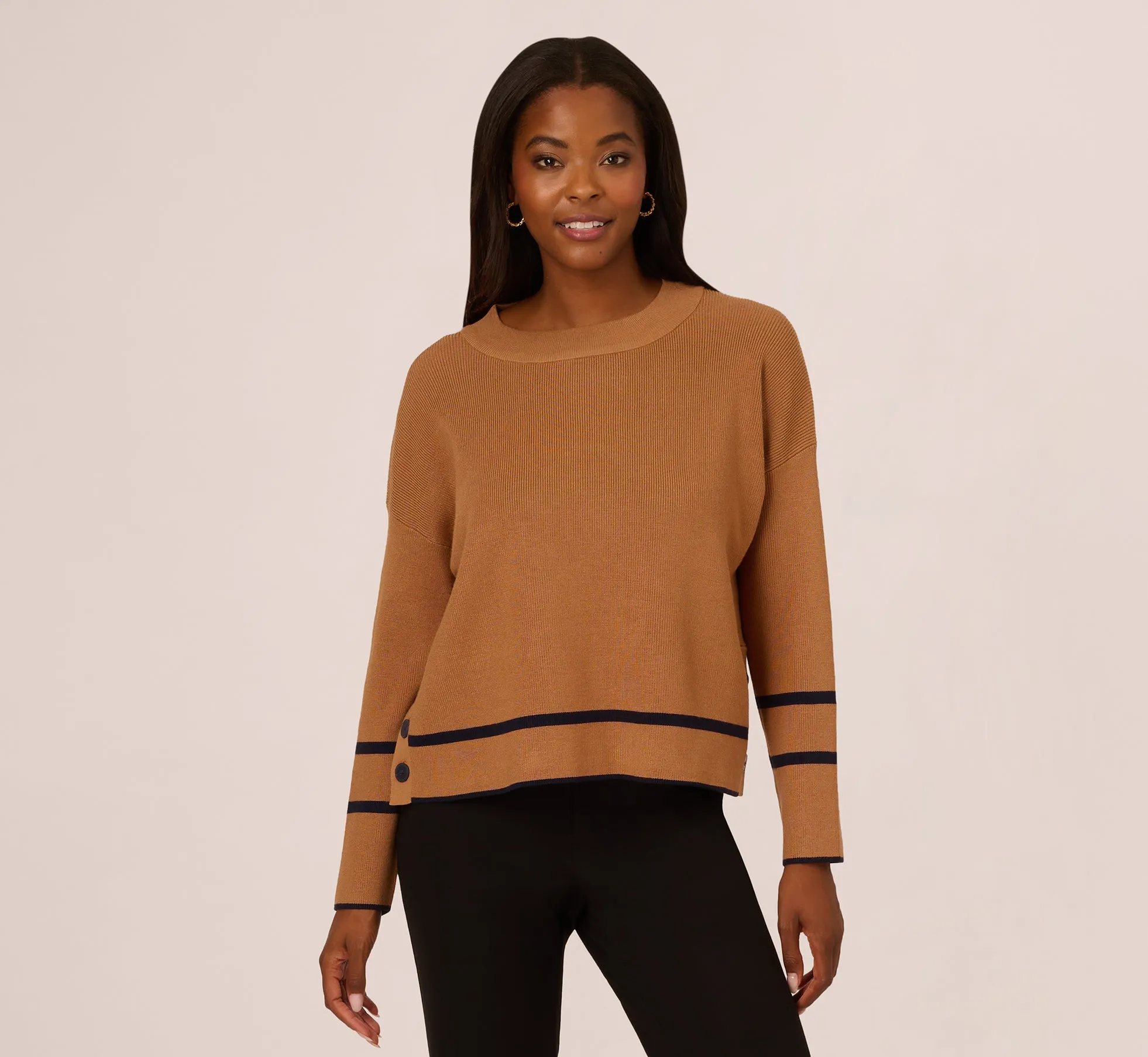 Crew Neck Pullover Sweater With Tipped Details In Camel Bluemoon