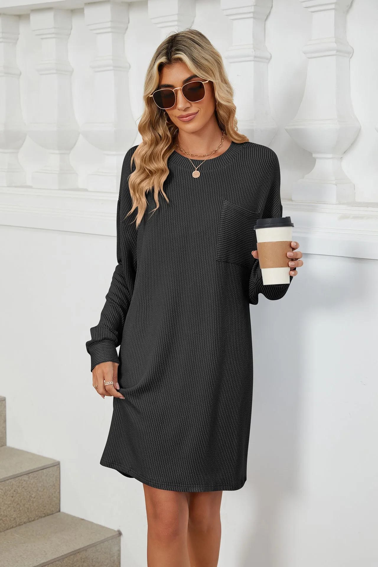 Crew Neck Striped Pocket Loose Long Sleeve Dress