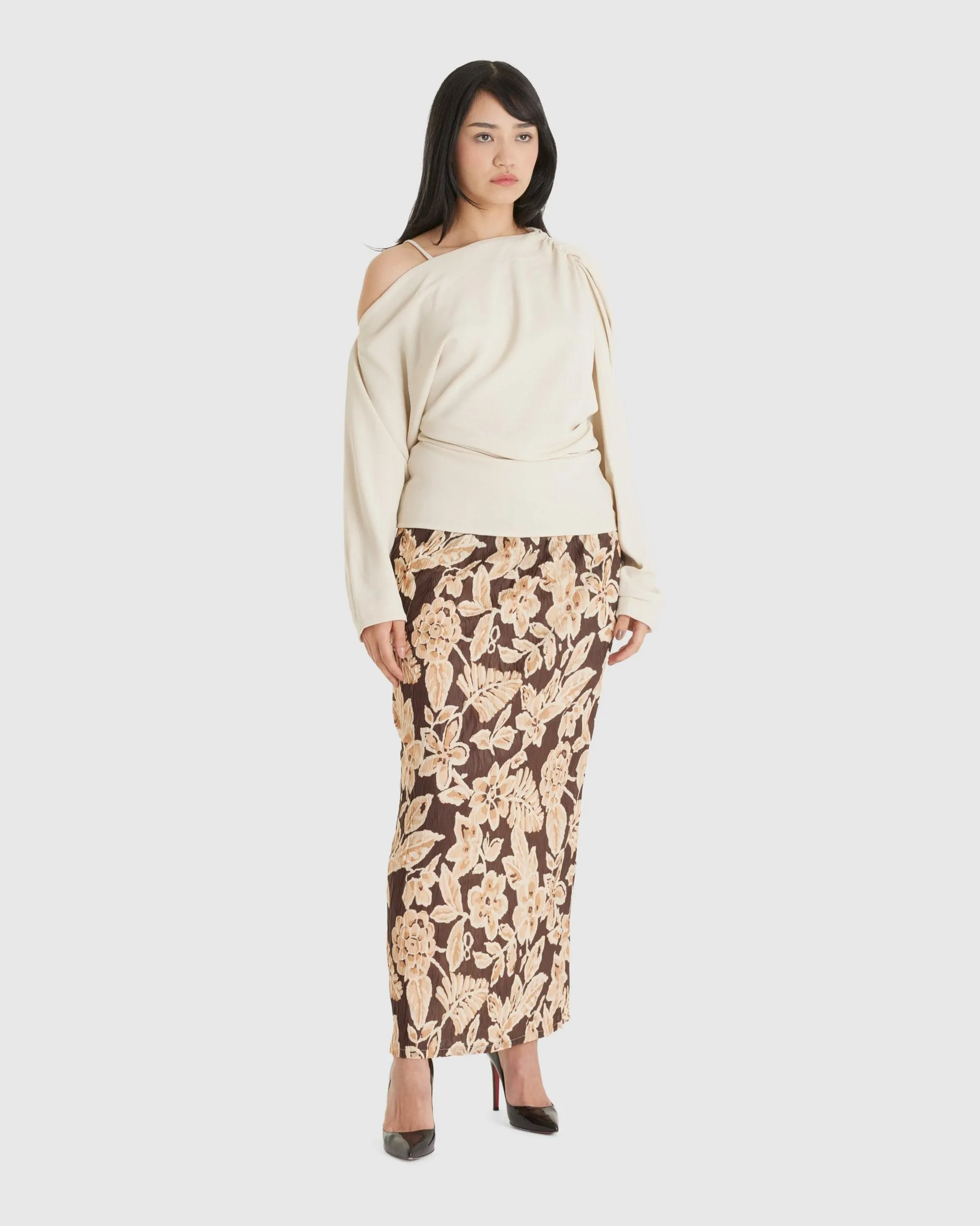 Crinkle Maxi Skirt Brown Flowers