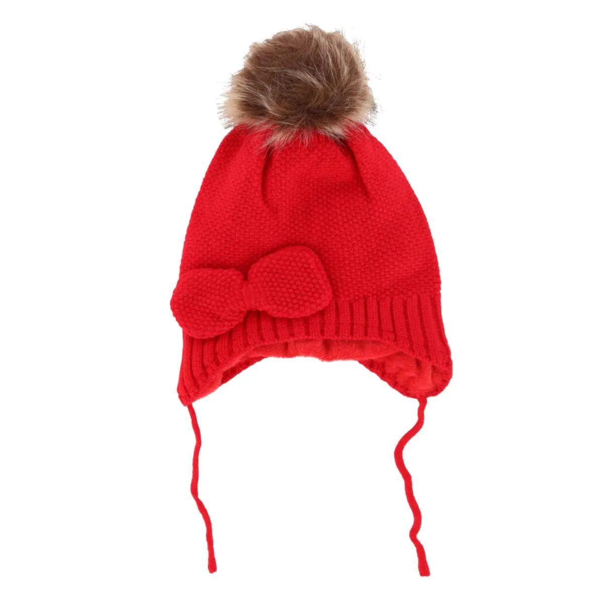 CTM® Girl's One Size Fits Most Knit Winter Beanie with Pom Bow and Ear Flaps