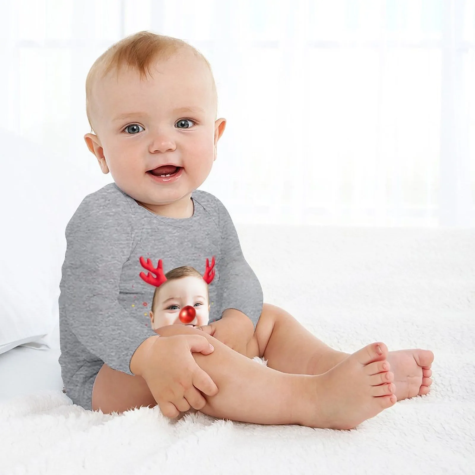 Custom Face Christmas Antlers Infant Bodysuit One Piece Jumpsuit Personalized Long Sleeve Rompers Baby Clothes