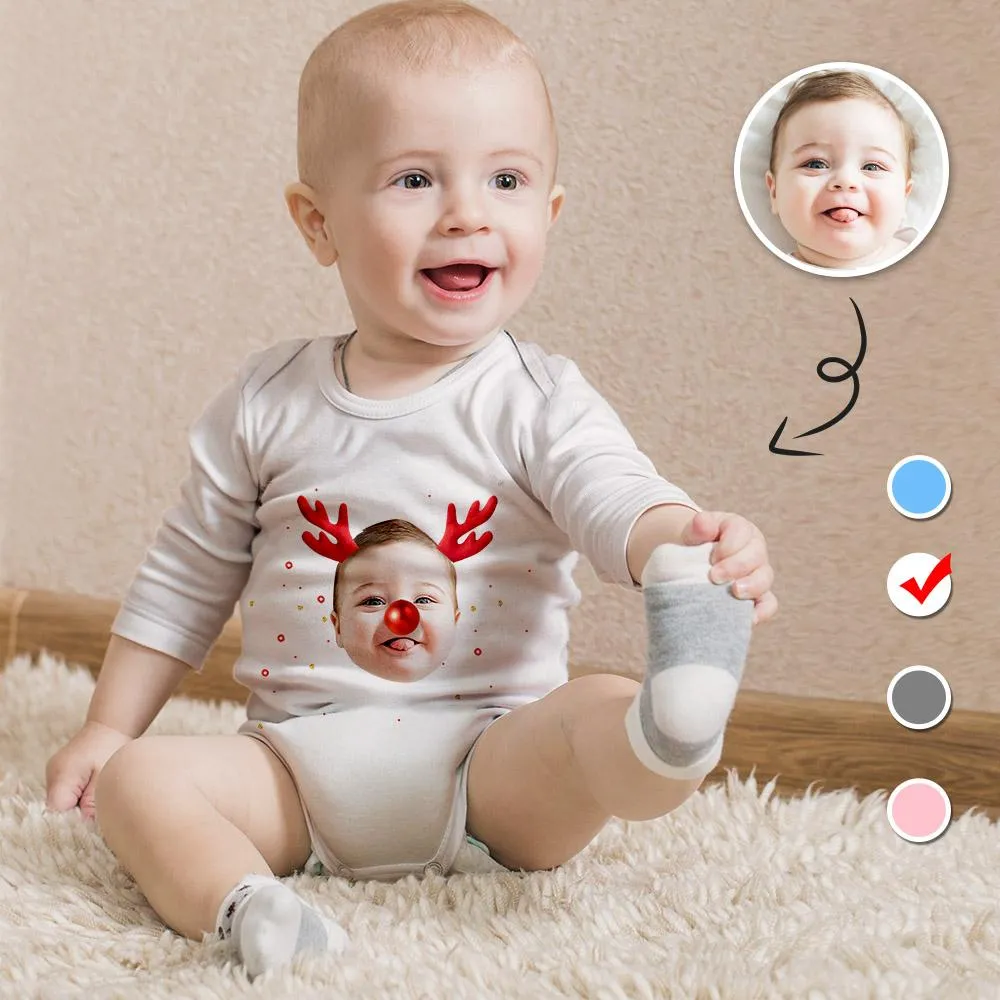 Custom Face Christmas Antlers Infant Bodysuit One Piece Jumpsuit Personalized Long Sleeve Rompers Baby Clothes