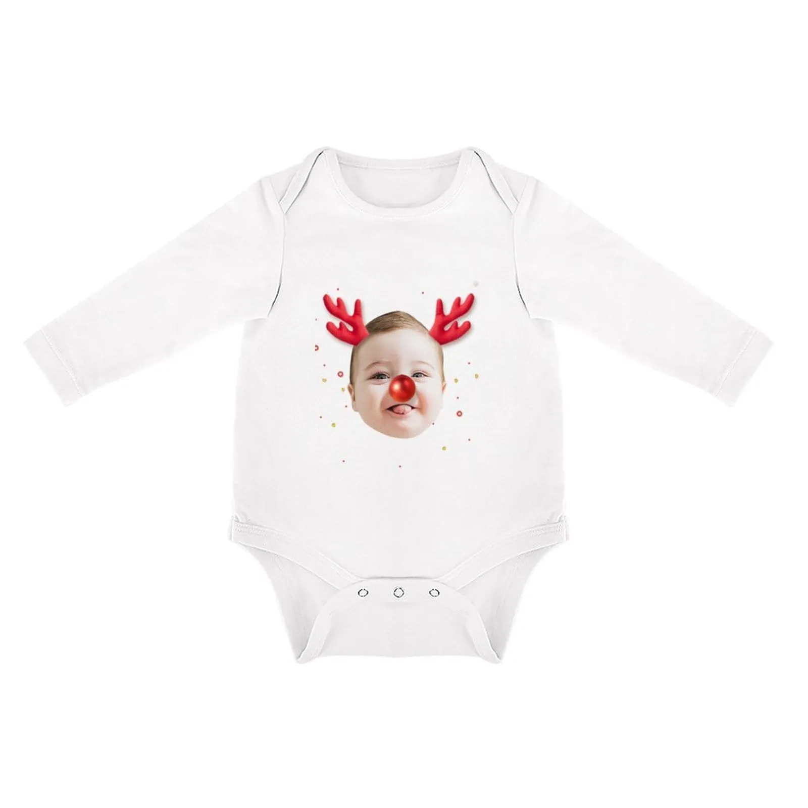 Custom Face Christmas Antlers Infant Bodysuit One Piece Jumpsuit Personalized Long Sleeve Rompers Baby Clothes