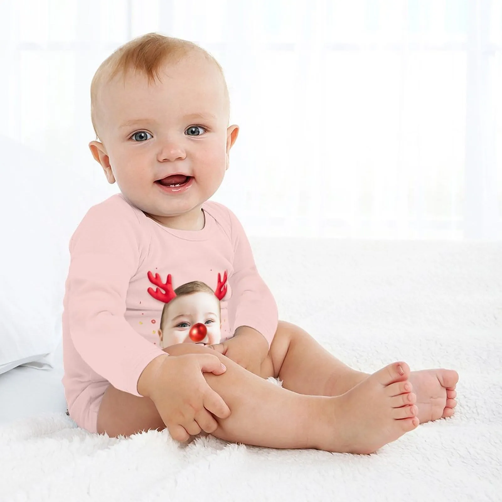 Custom Face Christmas Antlers Infant Bodysuit One Piece Jumpsuit Personalized Long Sleeve Rompers Baby Clothes