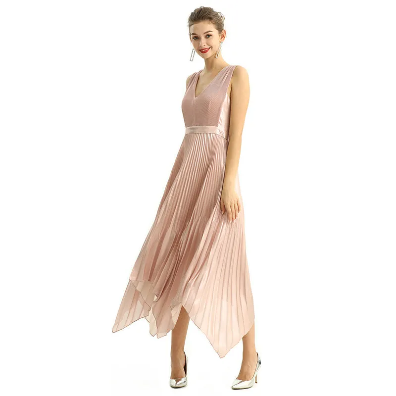 D205 Women metallic chiffon sunburst pleated midi evening dress