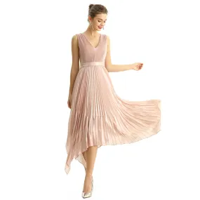 D205 Women metallic chiffon sunburst pleated midi evening dress